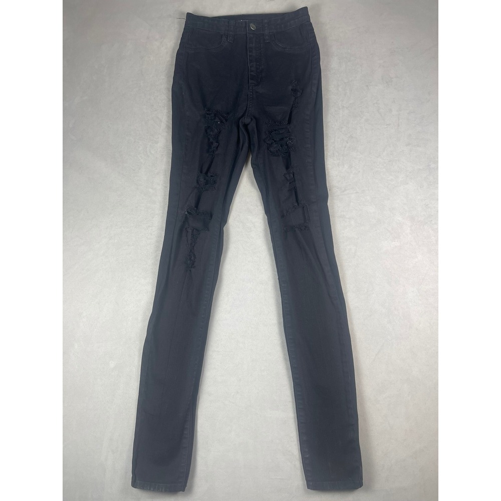 Fashion Nova Womens Black High Waisted Distressed Skinny Jeans AP4130 Size 5 27